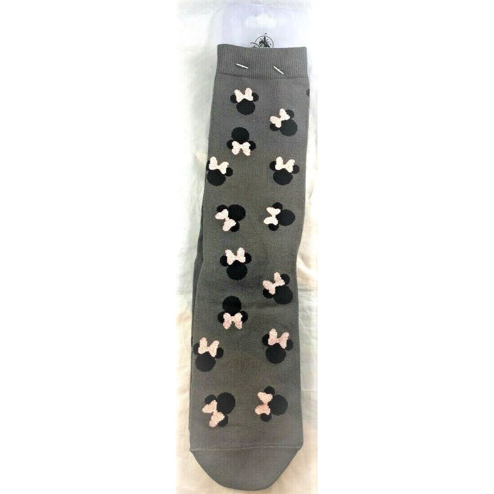 Disney Parks Pair of Long Socks Minnie Mouse Icon Pink Bow Grey Size 5-10 - NEW